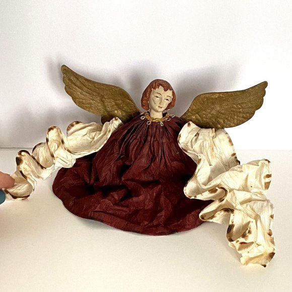 Vintage Christmas Tree Topper Angel Hand Painted Wine Red Dress Red Hair - Picture 2 of 8